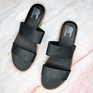 Sorel Ella Leather Black Double Strap Sandals 11